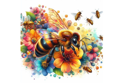 4 watercolor.shiny honey bee.Colorful background