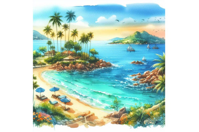 4 watercolor.Summer island. Summer vacation island..Colorful backgroun