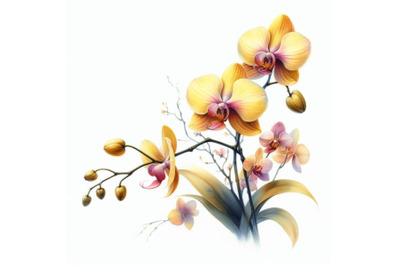 4 watercolor.Yellow orchid isolated on white painted in watercolor.Col