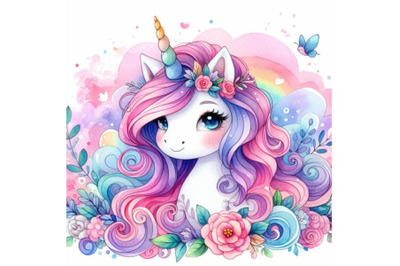 4 watercolor.Watercolor Cute unicorn.Colorful background