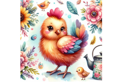 4 watercolor.Watercolor Cute hen.Colorful background