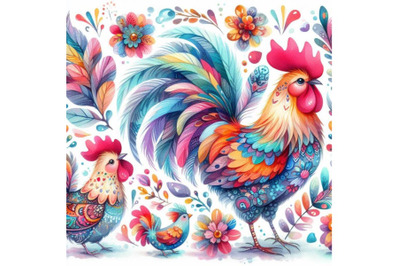 4 watercolor.Watercolor cute rooster .Colorful background