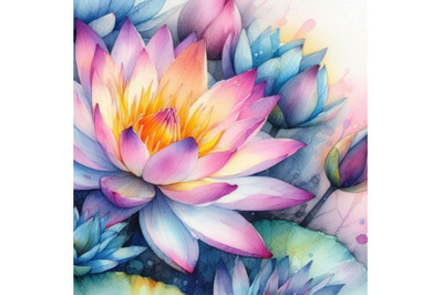 4 watercolor.Watercolor beautiful lotus.Colorful background