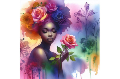 4 watercolor.Beautiful girl silhouette with rose.Colorful background