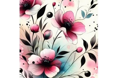 4 watercolor.Retro spring flowers. Stylized abstract pink and black fl