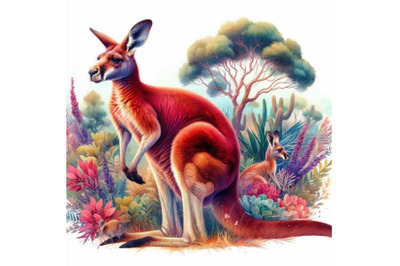 4 watercolor.Australian big red kangaroo isolate on white background.C