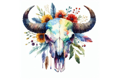 4 watercolor.watercolor buffalo skull isolate on white background.Colo