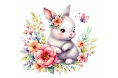 4 watercolor.Cute watercolor baby bunny with flowers isolate on white