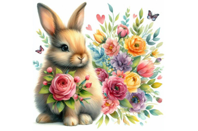 4 watercolor.a rabbit bunny with a bouquet of flowers isolate on white