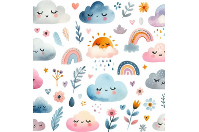 4 watercolor.cute clouds in scandinavian style isolate on white backgr