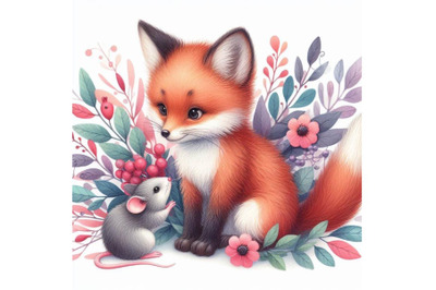 4 watercolor.Little Cute watercolor lovely fox with mouse isolate on w