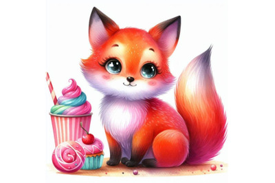 4 watercolor.Cute watercolor cartoon fox isolate on white background.C