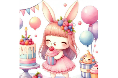 4 watercolor.Cute little bunny girl with cake  isolate on white backgr