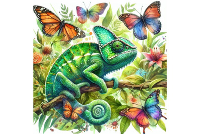 4 watercolor.Watercolor green chameleon with butterflies  isolate on w