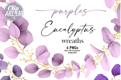 Purple Gold Eucalyptus Wreath Bundle 4 PNG Digital Images Clip Art