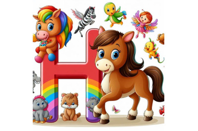 4 Illustration of  animal alphabet H with Horse on white background