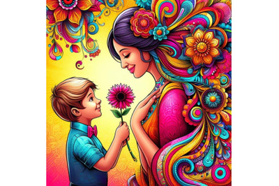 4 Colorful background.Mom and child. Boy with flower for mom.Colorful