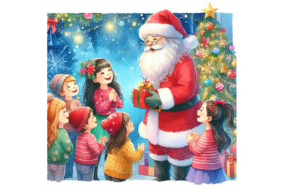 4 watercolor.Kids meet santa during Christmas. Kids joyfully seeing Sa