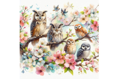 4 watercolor.Blooming tree and branches with sitting owls and birds.Co