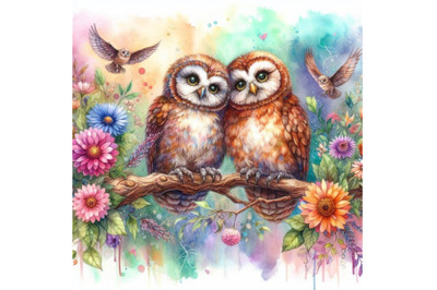 4 watercolor.owls in love sitting on branch.Colorful background