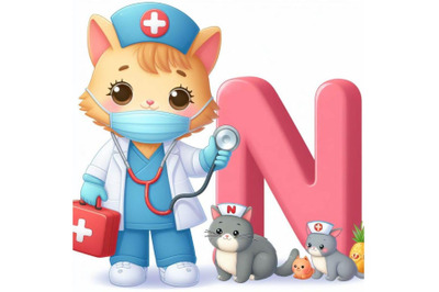 4 animal alphabet N with Nurse on white background