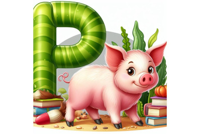 4 Illustration of  animal alphabet P with Pig on white background