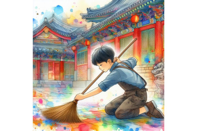 4 A boy diligently sweep floor.Colorful background