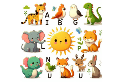 4 Illustration of  animal alphabet S with Sun on white background