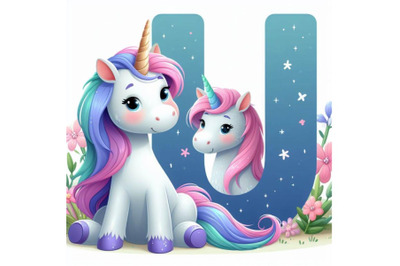 4 Illustration of  animal alphabet U with Unicorn on white background