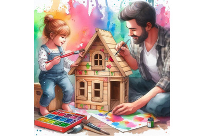 4 A father finishing to paint a wooden toy house for his daughter