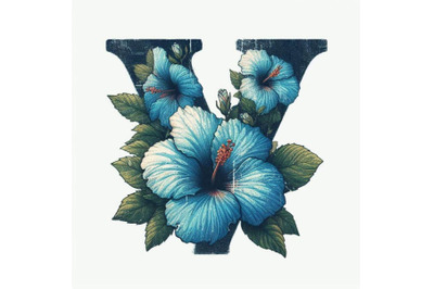 4 Illustration of  Blue hibiscus grunge vintage alphabet V on white ba