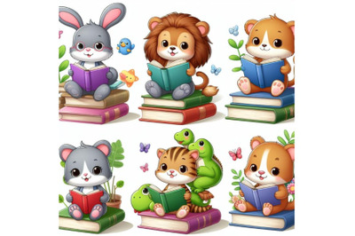 4 Illustration of  Cute animals readimg books on white background