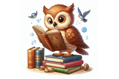 4 Illustration of  Wise owl reading book on white background