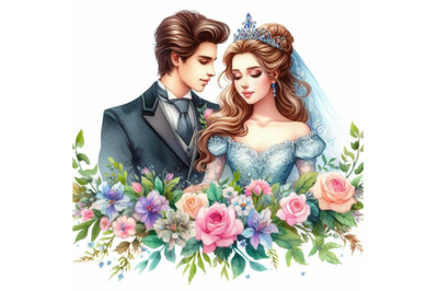 4 watercolor.Prince and Princess. Wedding illustration on white backgr