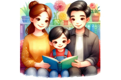 4 watercolor Cartoon mother, father and son reading a book together Co