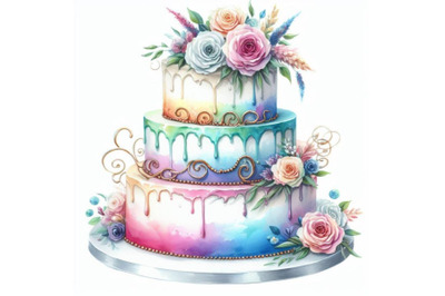 4 watercolor wedding cake on white background Colorful background