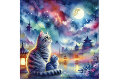 4 watercolor Couple of cats watching the moonlight Colorful background