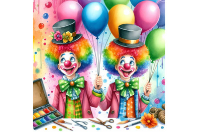 4 watercolor funny clown with ballons Colorful background