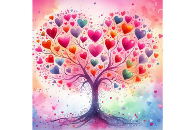 4 watercolor Love tree with hearts for your design Colorful background