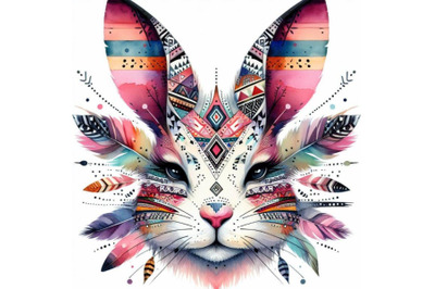 4 watercolor Animal tribal face bunny Colorful background