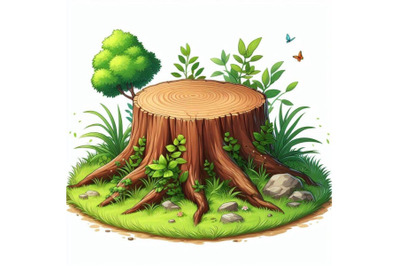 4 Illustration of  Tree Stump with green grass on white background