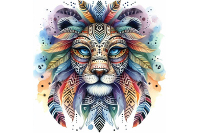 4 watercolor Animal tribal face lion Colorful background