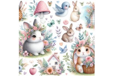 4 watercolor Cute rabbit woodland animal Colorful background