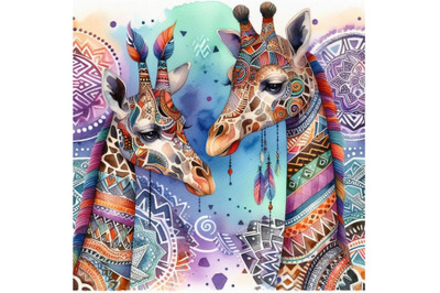 4 watercolor Animal tribal giraffe Colorful background