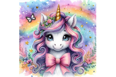 4 watercolor Portrait of cute unicorn Colorful background