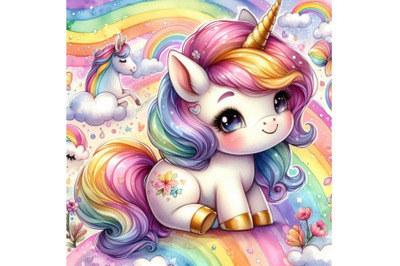 4 watercolor Cute Pony Unicorn Colorful background