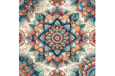 4 watercolor Mandala boho hand drawn seamless pattern. Colorful backgr