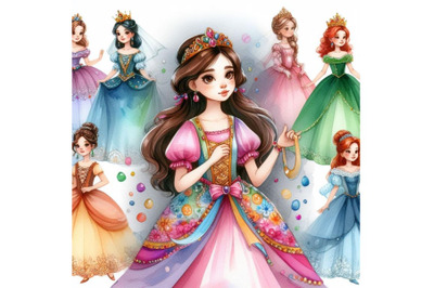 4 watercolor princess in different costumes. Colorful background