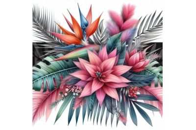 4 watercolor Tropical coral flowers and leaves on black and white back