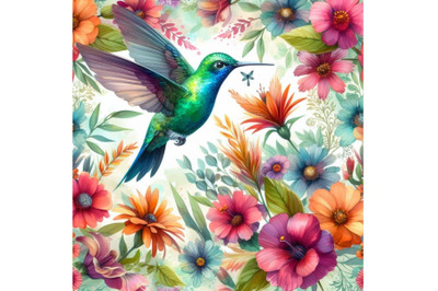 4 watercolor Hummingbird flying around Flowers Colorful background